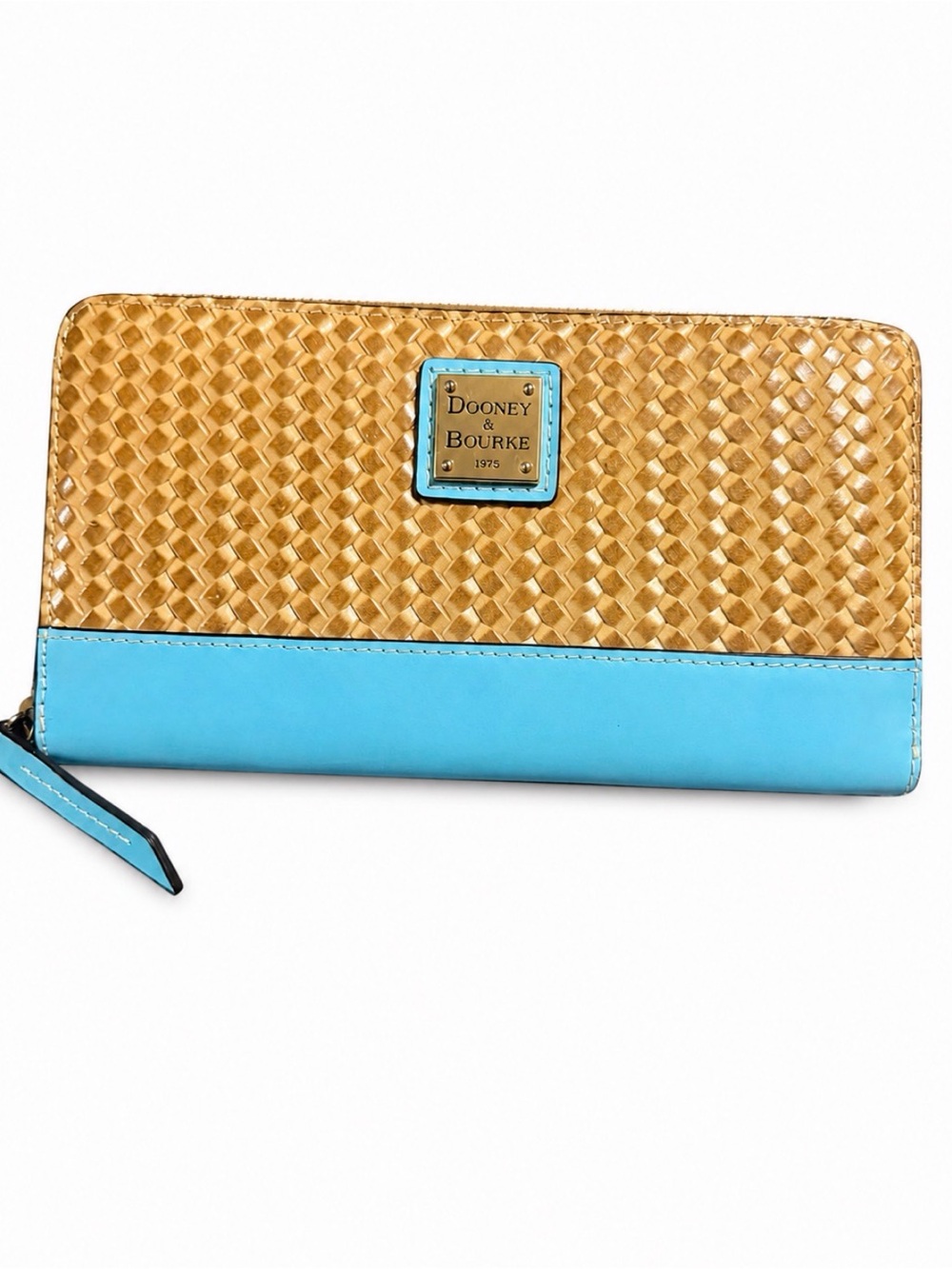 Dooney & Bourke Woven Leather Zip Around Wallet Tan Turquoise Blue